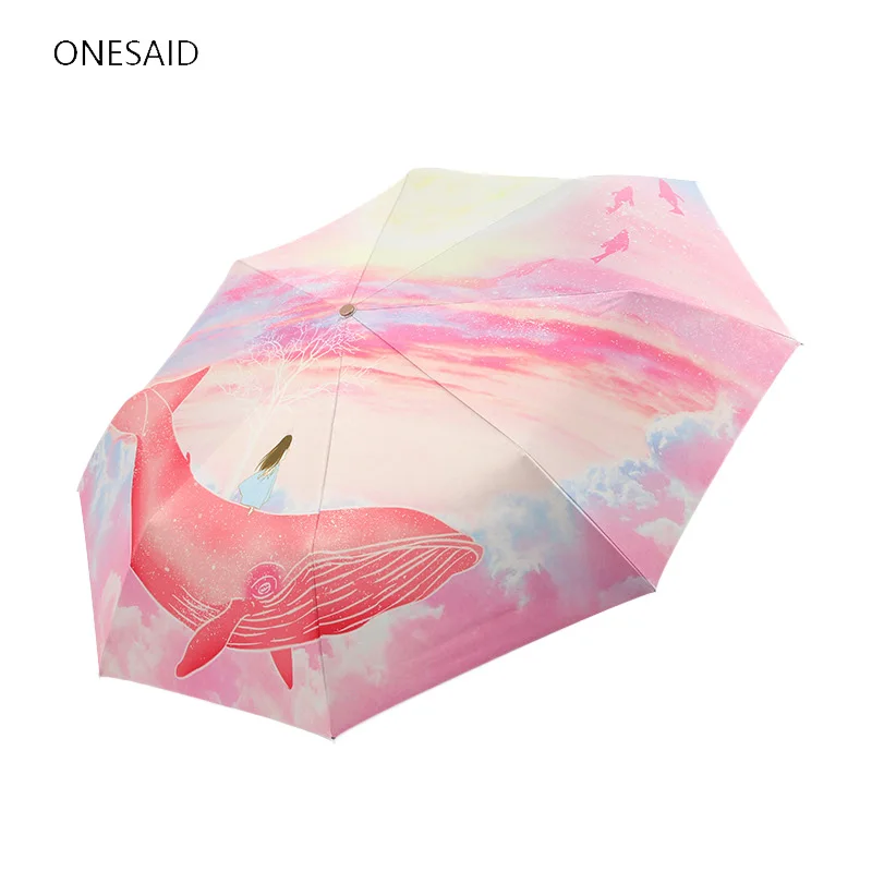 Cute Women Folding Umbrellas Female Animals Print UV Protect Three-Folding Small Black Coating 8K | Дом и сад