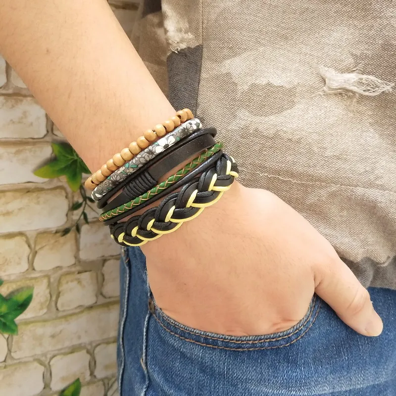 2019 Hot Sell 100% hand-woven Fashion Jewelry Wrap multilayer Leather Braided Rope Wristband men bracelets &amp bangles for women |