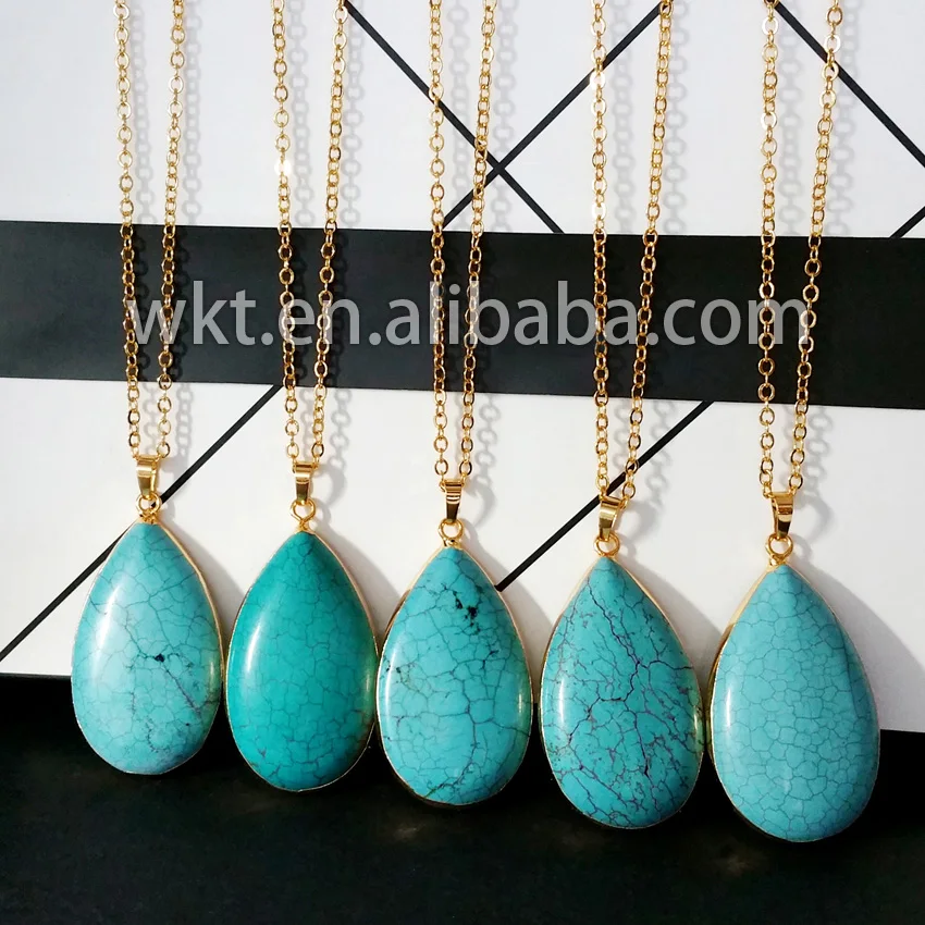 WT-N441 Hot Natural teardrop green howlite necklace 24k gold electroplated | Украшения и аксессуары