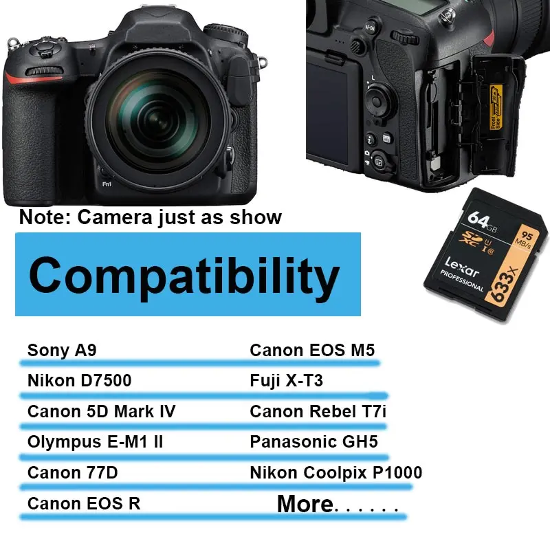 100% карта памяти Lexar SD 32 Гб 64 128 ГБ 256 95 м/с 633X класс 10 U1 U3 SDHC SDXC 3D 4K видеокамера Прямая