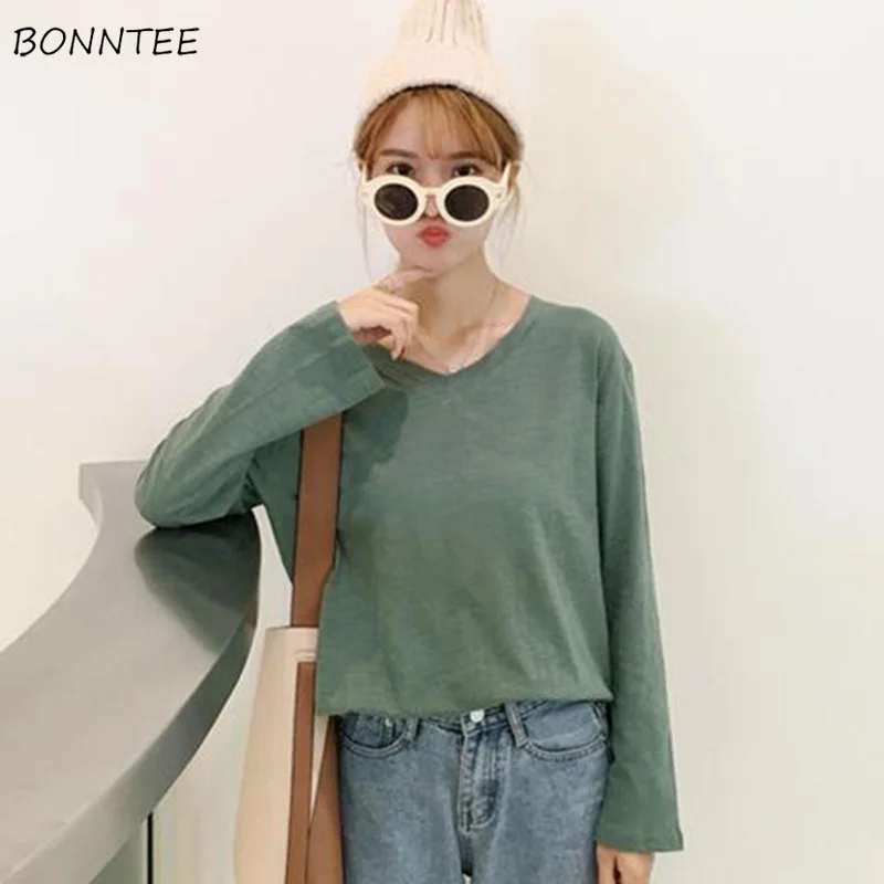 

T-shirts Women Long Sleeve Solid Color Trendy Korean Style Womens Tops Loose V-Neck Elegant Simple All-match Chic Spring T-shirt