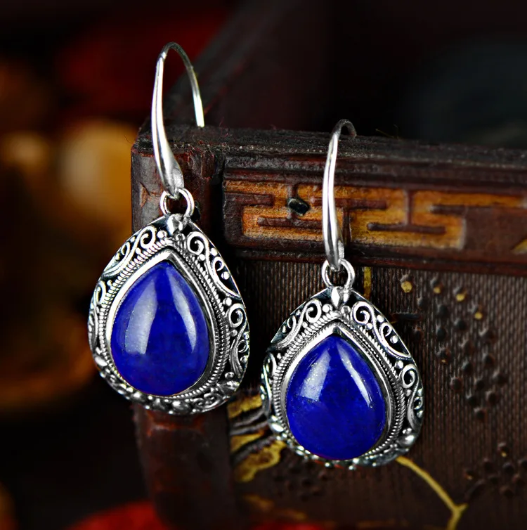 

2018 Limited Jewelry, Afghanistan, Natural Lazuli, Thai Silver, Antique Hand Carved Water Drop Earrings Factory Direct Sale