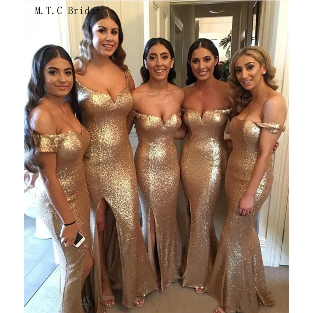 

Sparky Sequin Mermaid Prom Dresses Boat Neck Side Split Floor Length Charming Evening Gowns 2019 Cheap Maid Of Honor Dress