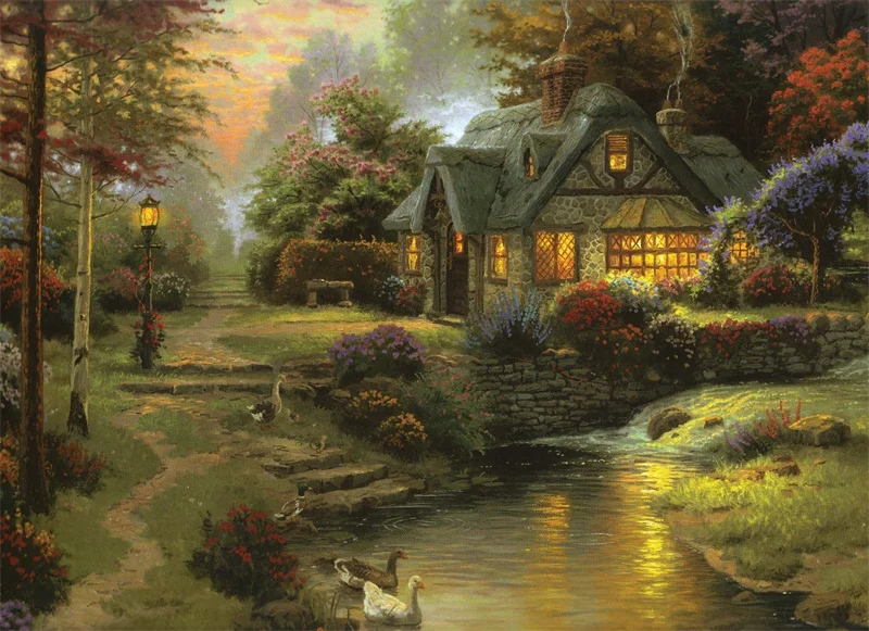 Thomas kinkade коттедж на реке пасторальный пейзаж живопись холсте печать заказ