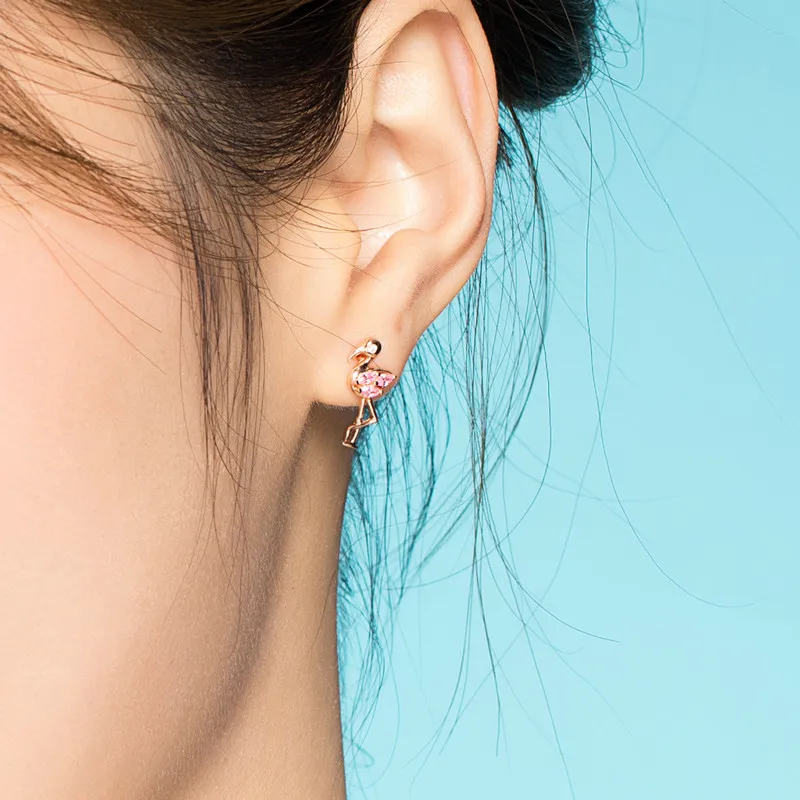 BISAER Flamingos Earrings 925 Sterling Silver Tropical Stud for Women Pink Zircon Jewelry EFE120 | Украшения и аксессуары