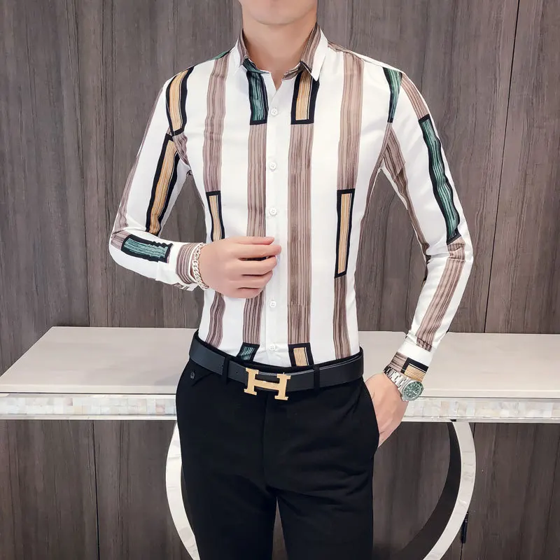 Мужская полосатая рубашка с длинным рукавом модные Необычные Camisa Social Masculina