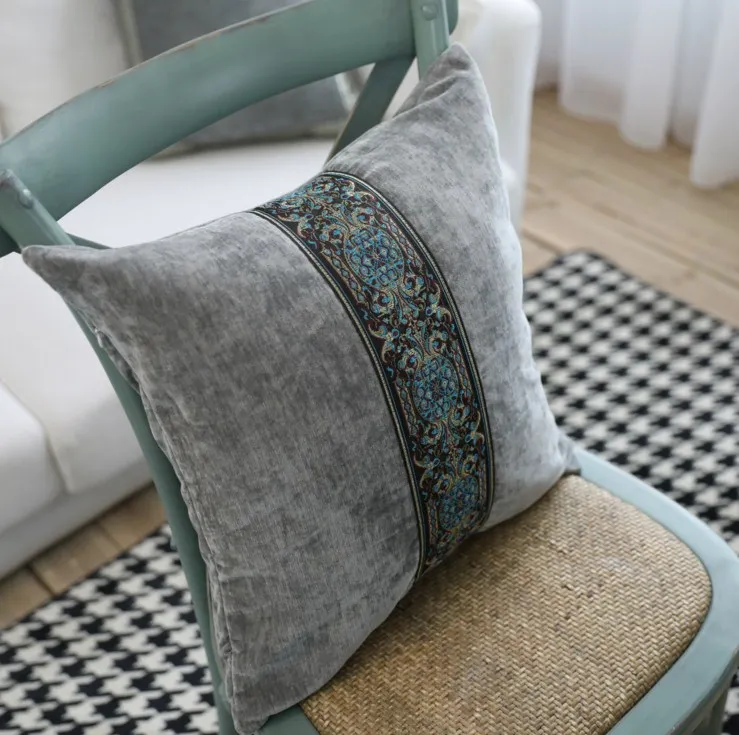 Embroidered Velvet Cushion Cover Blue / Green Grey Color Pillow Case 45*45cm 60x60cm Sofa Covers Decorative funda cojin | Дом и сад