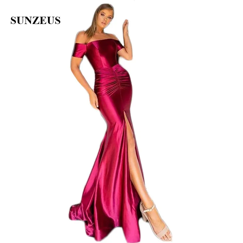

Long Mermaid Evening Dresses Bost Neck Short Sleeve Simple Satin Formal Dresses Front Slit Women Celebrity Dresses SE28