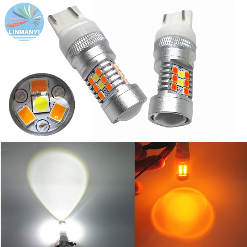 2PCS Dual Color White/Amber 28SMD T20 7443 28W DRL Super bright Driving lights Signal Lights Daytime Running Light Turn | Автомобили и