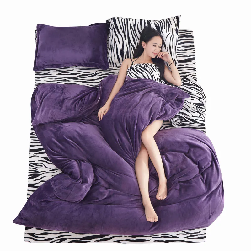 Zebra Stripe Purple Леопардовые полосатые зимние Утепленные фланелевые теплые постельные принадлежности набор плюшевых пододеяльников 4 шт/3 шт простыни чехлы на подушки, одеяло розовый - Цвет: Zebra Stripe Purple