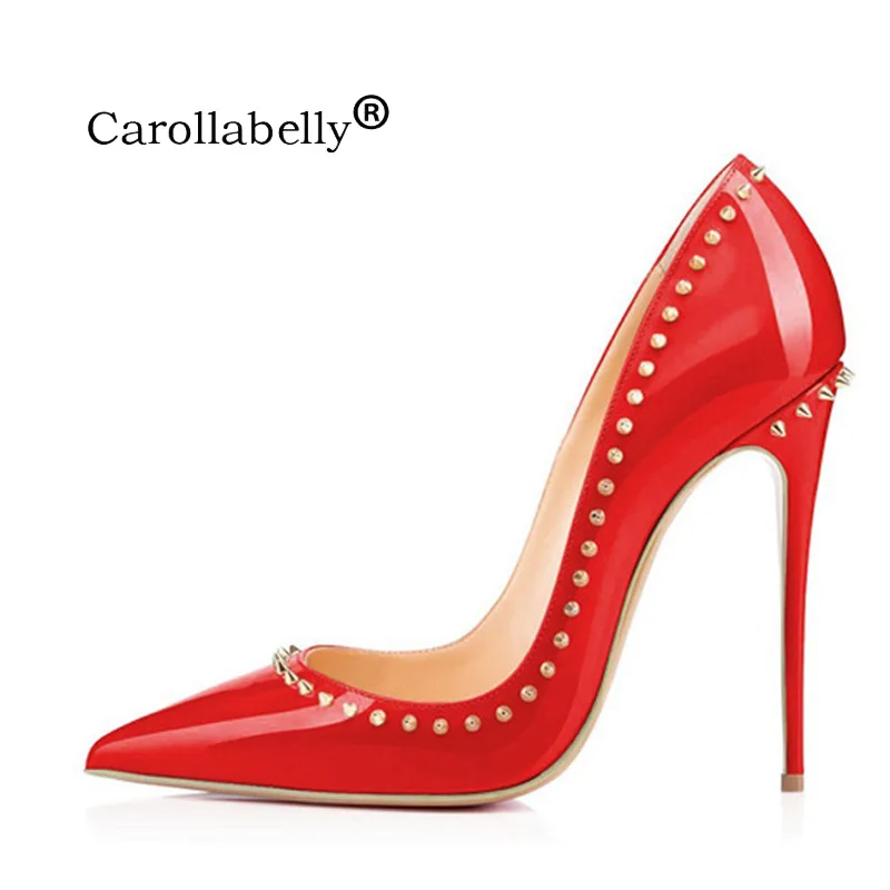 Женские туфли с заклепками черные красные на тонком высоком каблуке 12 см|high heels