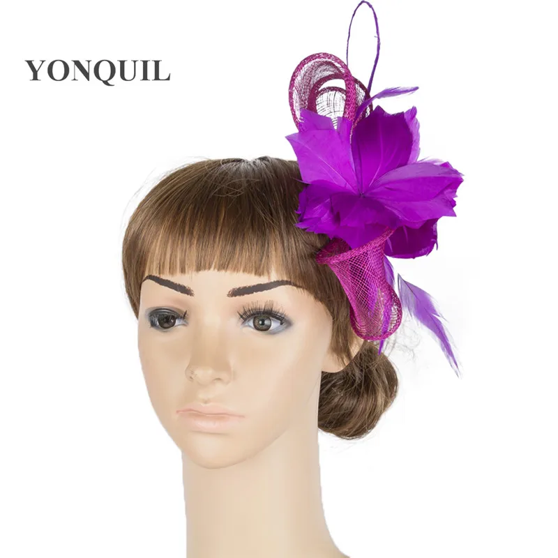 

Elegant Wedding Millinery Cocktail Hat Sinamay Fascinator Headwear Feather Flower Party Show Hair Accessories 20 Colors MYQ078