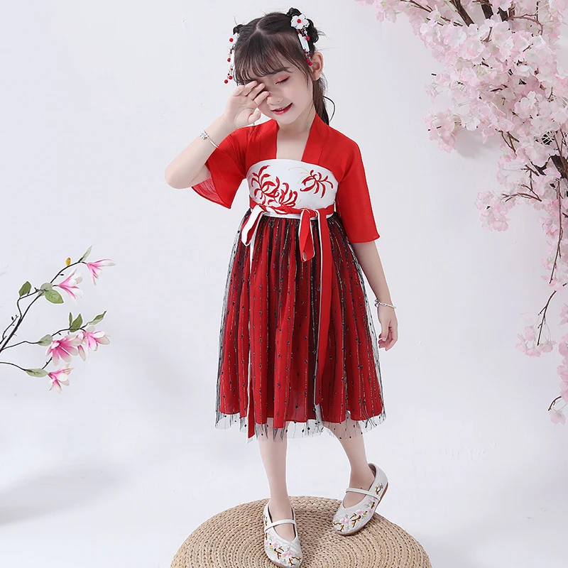Hanfu/костюм для девочек летняя одежда с короткими рукавами в китайском стиле традиционное платье в китайском стиле детская Одежда для танцев в народном стиле DQL897