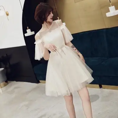 Vestidos De Festa Mrs Win вечерние платья трапециевидной формы с круглым вырезом и короткими рукавами с открытыми плечами кружевное платье - Цвет: Knee-Length