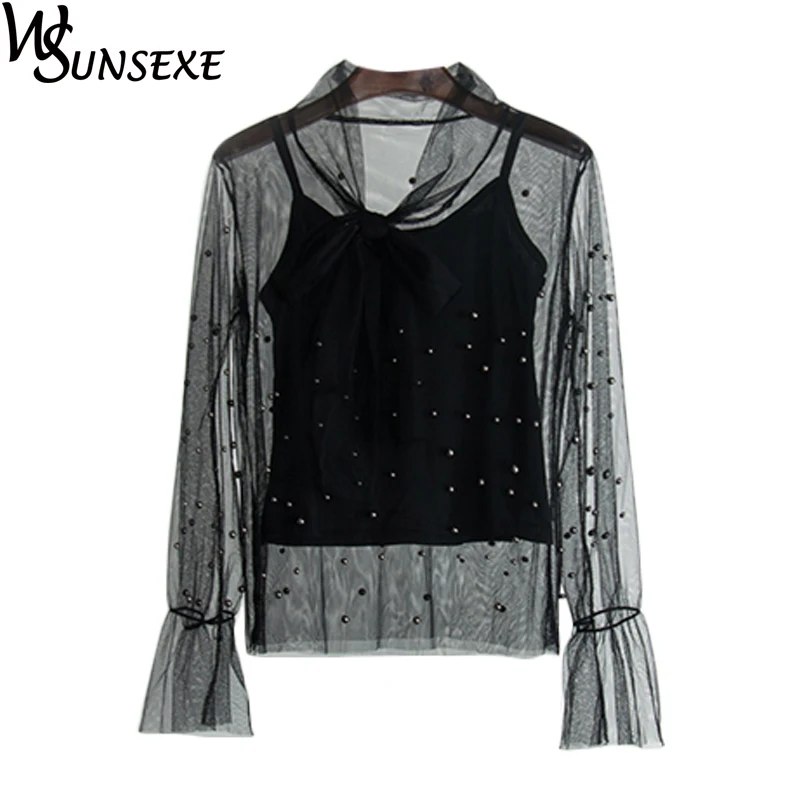 Блузка женская кружевная с длинным рукавом и бантом|lace shirts women|lace shirtshirt women |
