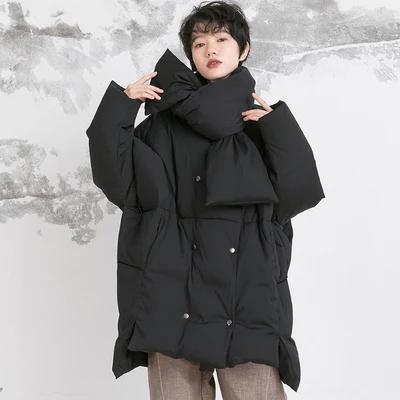 Черный IRINAY212 Новая коллекция с шарфом двубортный oversize Асимметричный Зима белая утка подпушка куртка пальто для женщин - Цвет: Черный