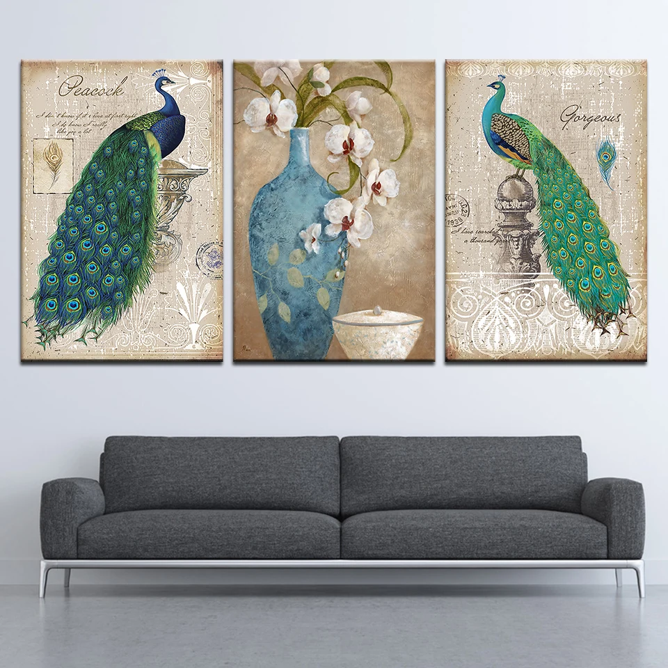 Картина на холсте павлин и цветы с вазой 3 шт. Настенная картина модульные обои