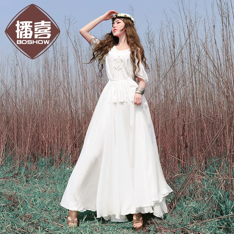 Женское шифоновое платье-макси в богемном стиле элегантное белое винтажное
