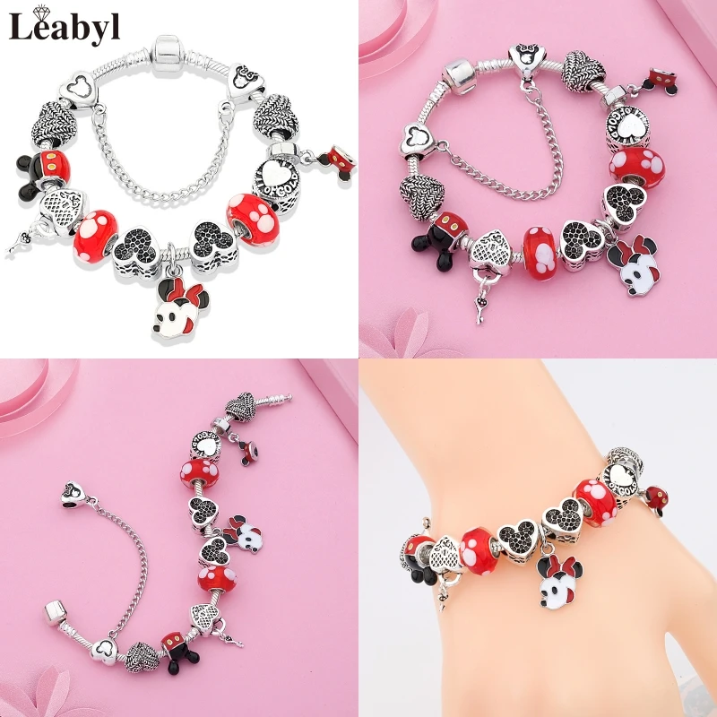 Милое платье принцессы с красной эмалью, браслет Minnie, серебряный замок, браслет из бисера, сделай сам, муранский кристалл, очаровательный браслет, браслеты для девочек