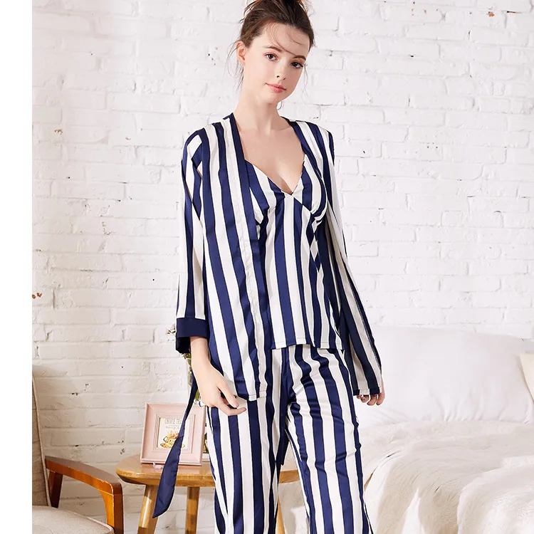 2020 новый дизайн Для женщин Сатиновые пижамы наборы халат + подтяжки штаны костюмы