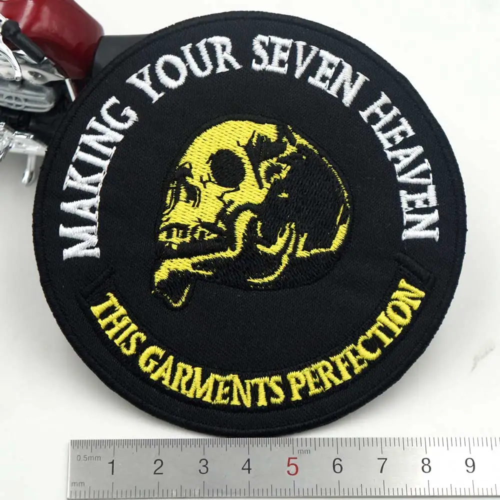 MAKING YOUR SEVEN HEAVEN SKULL iron on backing funny punk rock embroidered biker motorcycle patches | Дом и сад