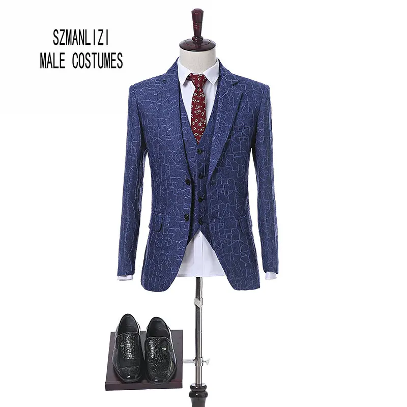 (Пиджак + жилет брюки) мужские облегающие классические синие свадебные костюмы со