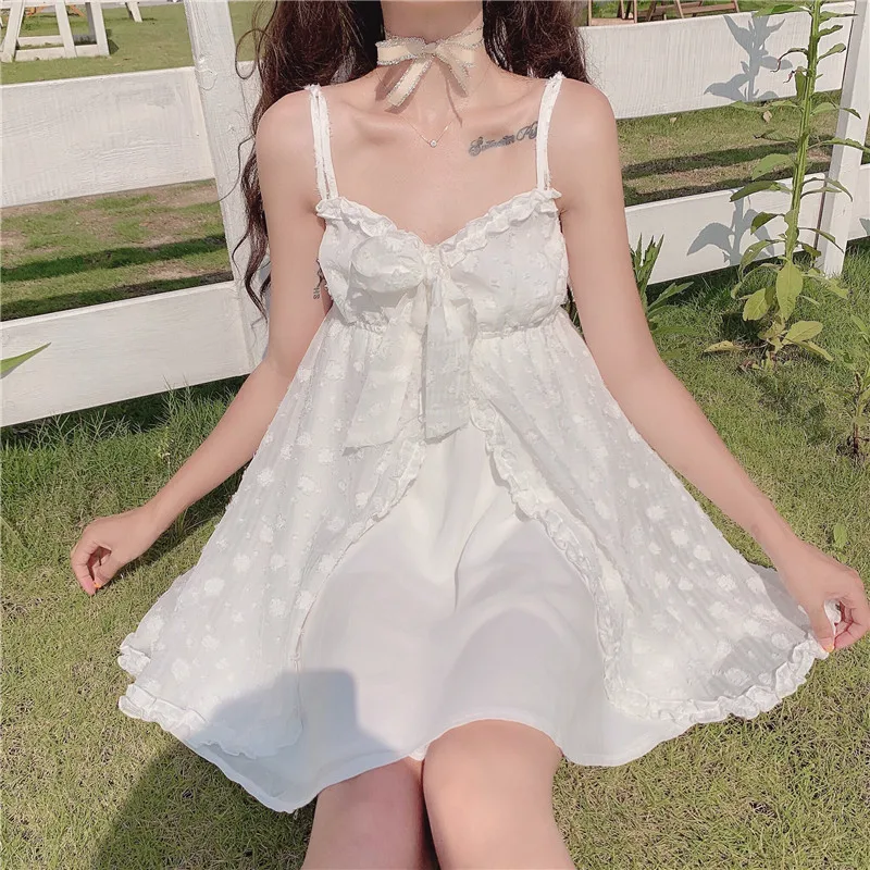 White Dress Чисто белое милое женское летнее платье с большим бантом и открытой передней частью, цельное и прозрачное платье с бантом, комплект из 2 предметов - Цвет: White Dress