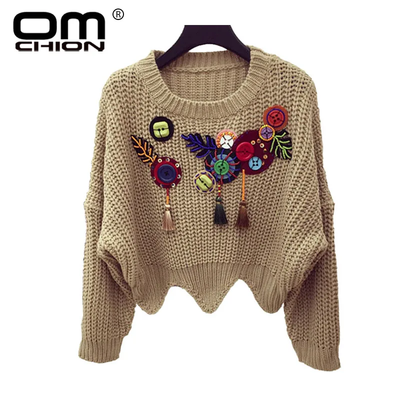 OMCHION Autumn 2017 Batwing Sleeve Sweater Women Tassel Button Beading Sequins Pullover Christmas Wave Knitwear JMY60 | Женская одежда