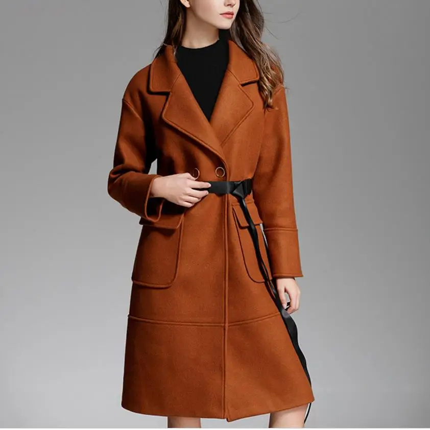 Женское шерстяное пальто Элегантное Длинное свободное утепленное с поясом