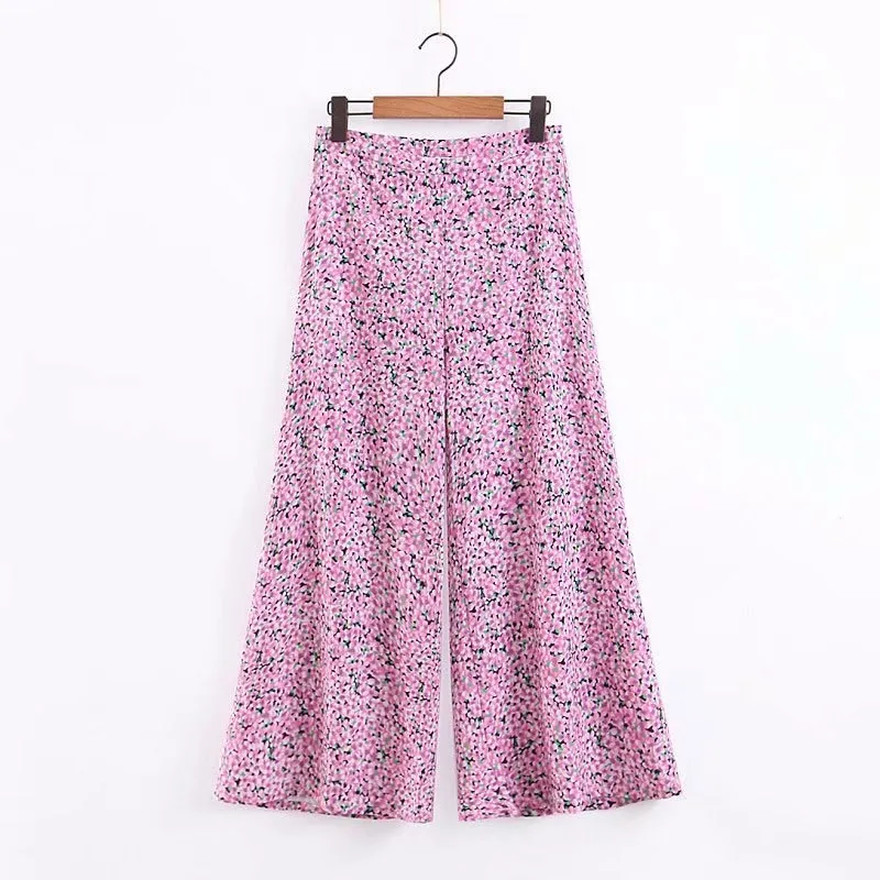 2019 Short Sleeve Women Two Piece Set Summer Club Outfit Floral Tops High Waist Wide Leg Trousers Sets Matching | Женская одежда