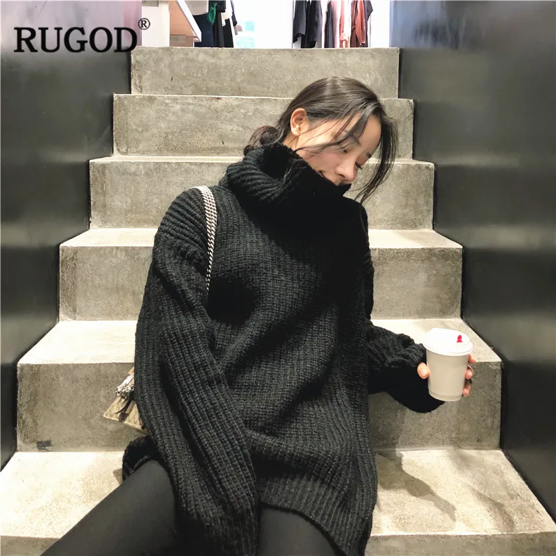 RUGOD длинный женский свитер водолазка трикотажные женские топы однотонные