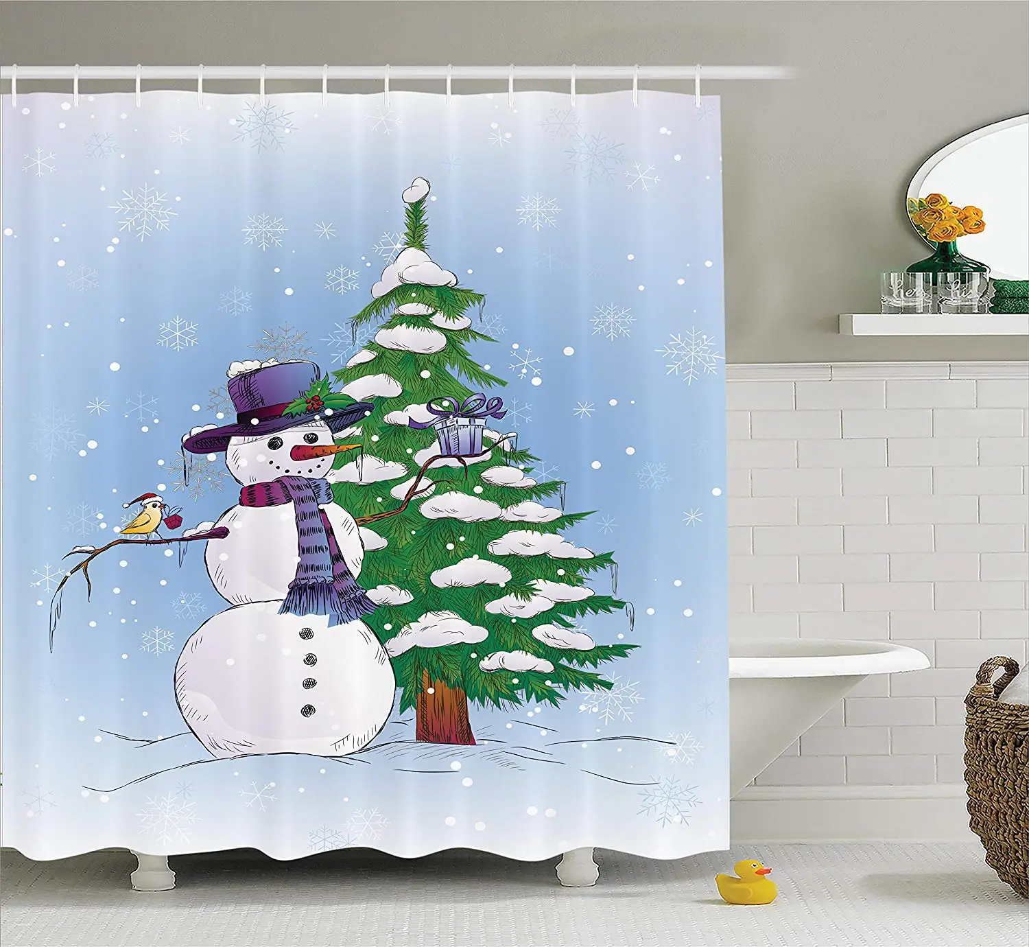 Christmas Shower Curtain Snowman in the Winter with Mistletoe Present Top Hat and Scarf Tree Bird Fabric Bathroom Decor | Дом и сад
