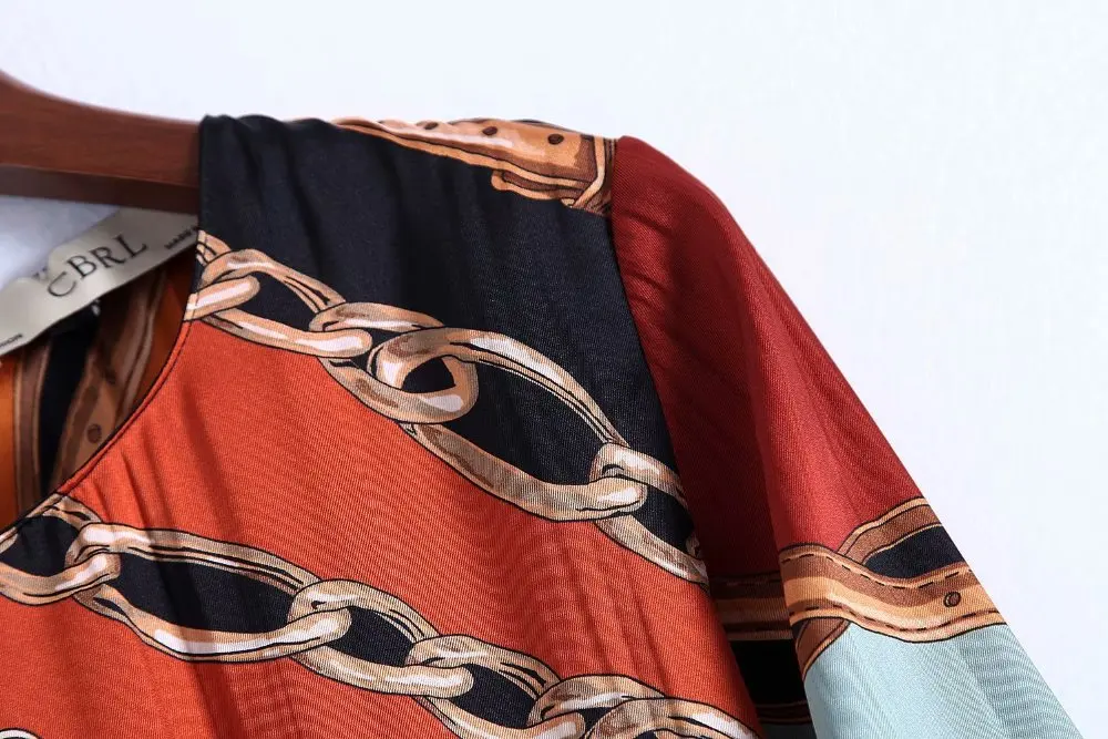 2018 za зимнее женское платье с принтом цепи платья шарфа vestidos длинное воротником