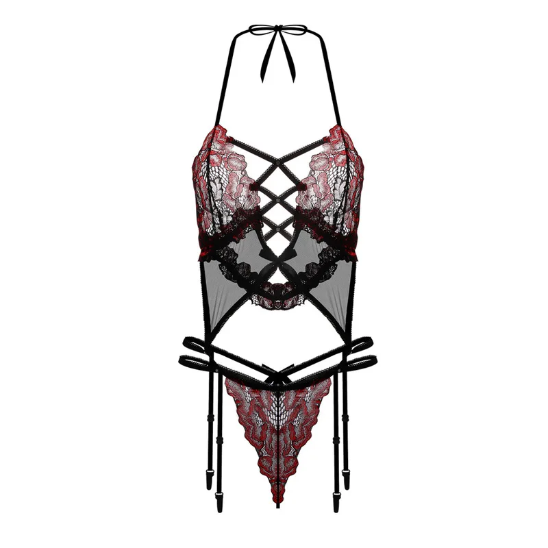 

2019 Sexy Babydolls Transparent Mesh Lace Hollow Out V-Neck Bow Embroidery Solid Floral Halter Racerback Women Sexy Lingerie Set