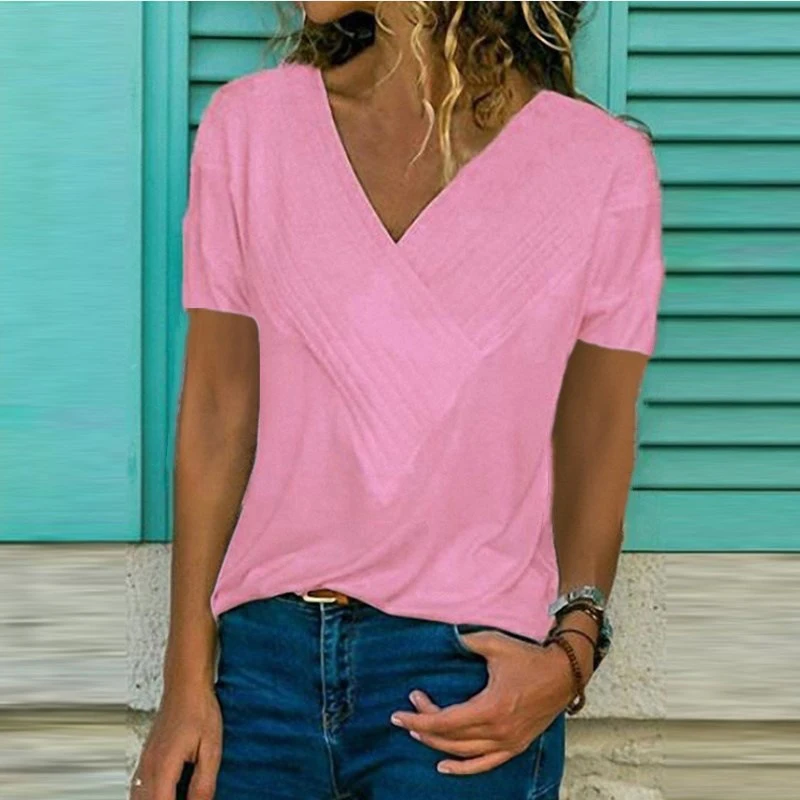 Women's Summer Blouses 2019 Slim Fit Stitching V-Neck Short-Sleeved Solid Color Top Sexy Fashion Women T Shirt | Женская одежда