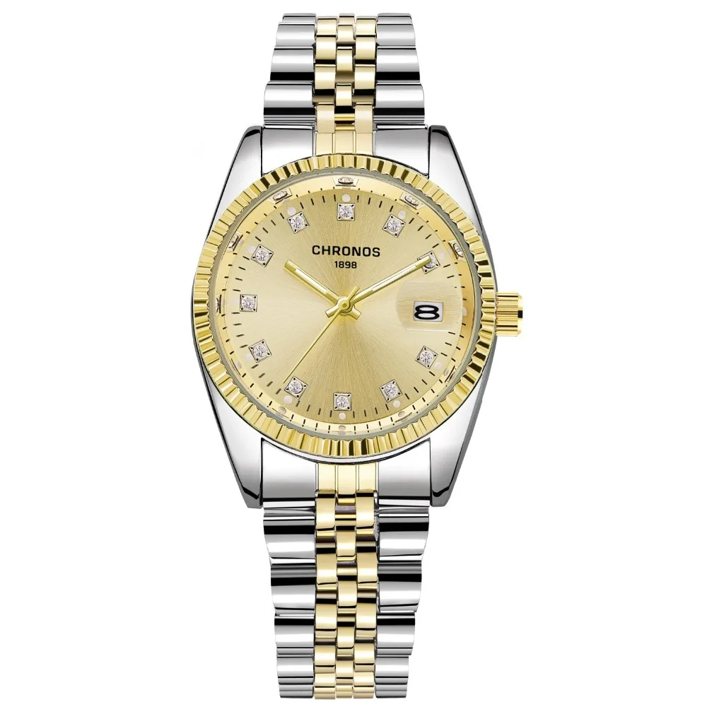 Роскошные золотые часы CHRONOS женские мужские для влюбленных нержавеющая сталь