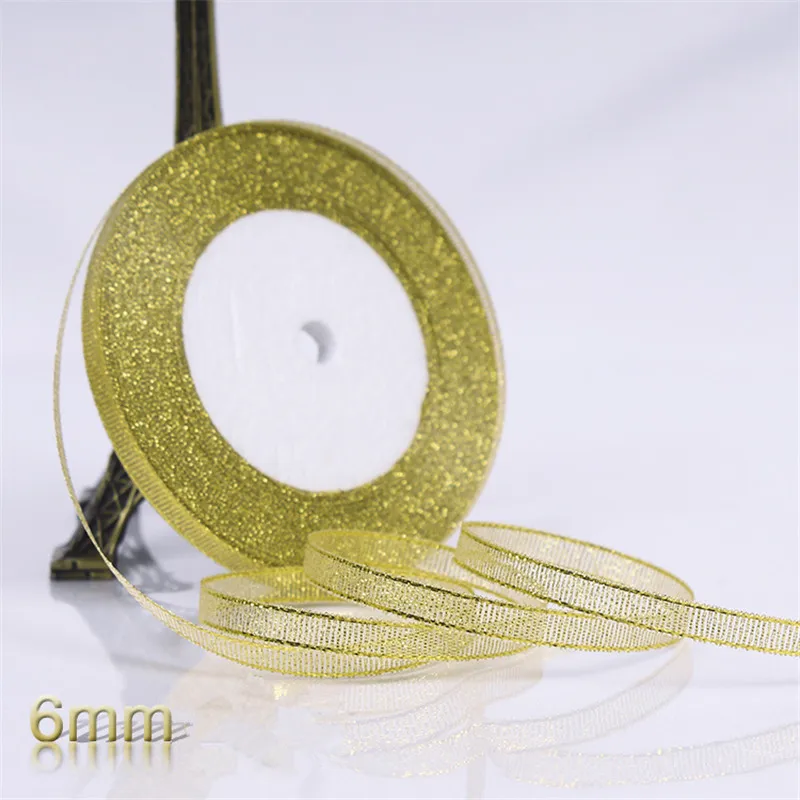 Gold 6MM Золотая/Серебряная лента из органзы ширина 6-50 мм блестящая вышитая лента с луком для Свадебные поделки «сделай сам» принадлежности для украшения торта - Цвет: Gold 6MM