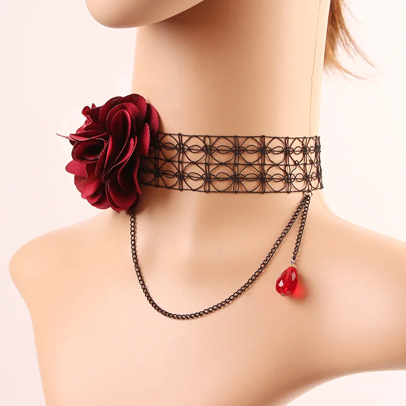 Черная винтажная кружевная пустотелая красная подвеска в виде хрустальной капли