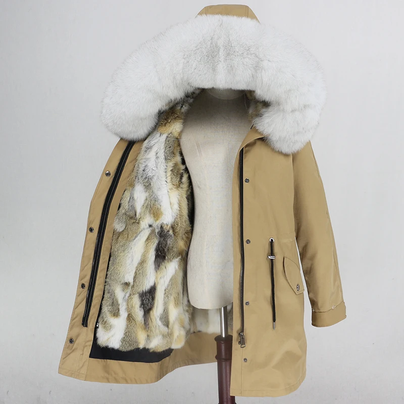 brown white Женская меховая куртка OFTBUY, водонепроницаемая парка песочного цвета с подкладкой из натурального кроличьего меха, с меховой отделкой на капюшоне, верхняя одежда зима - Цвет: brown white