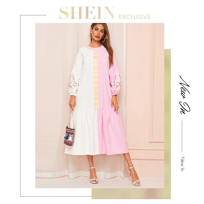 SHEIN двухцветное платье с вышивкой и рукавами-фонариками, с рюшами на подоле, весна-осень, платье с длинным рукавом, женские платья в стиле бохо