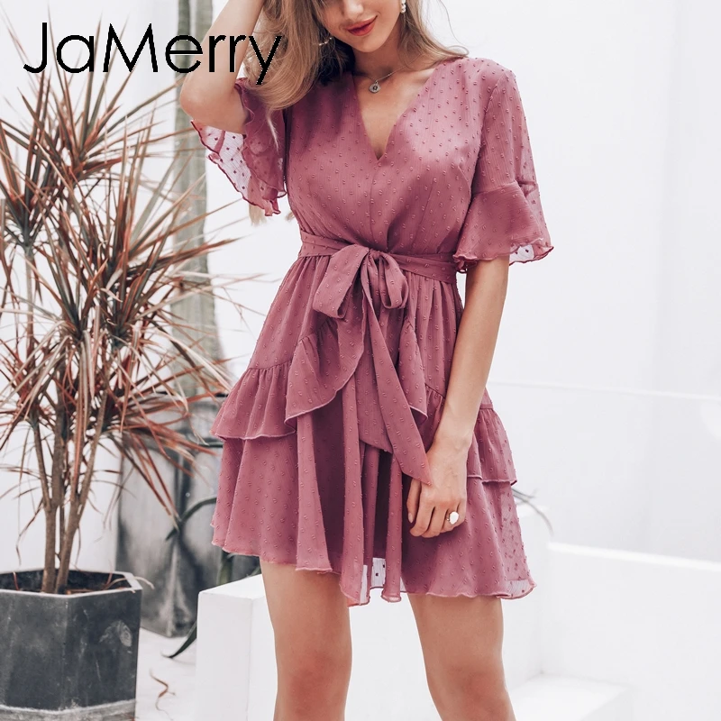 Женское винтажное платье в горошек JaMerry розовый короткий сарафан с оборками