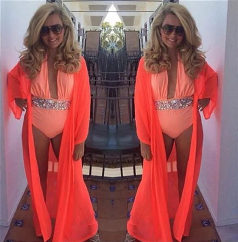 Женская однотонная накидка на бикини шифоновое пляжное платье с длинным рукавом