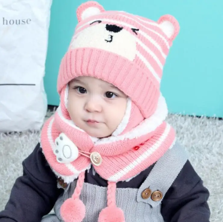 Winter Kids baby boy girls warm cartoon bear Knitted hats with hair ball earbud+neck scarf 2 pcs set for 0-2 years toddler | Детская