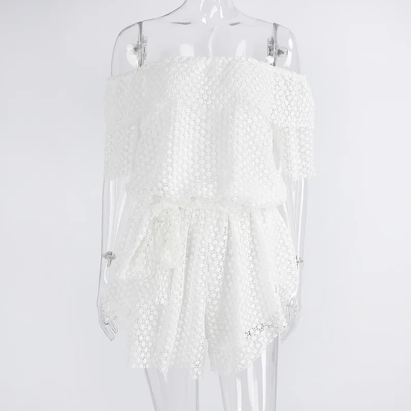 2018 Для женщин летние оборками Playsuit сексуальный свободно белый выдалбливают Slash