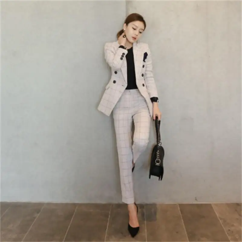

2019 spring and autumn women's Korean temperament fashion lapel double-breasted slim waist suit nine pants OL professional suit