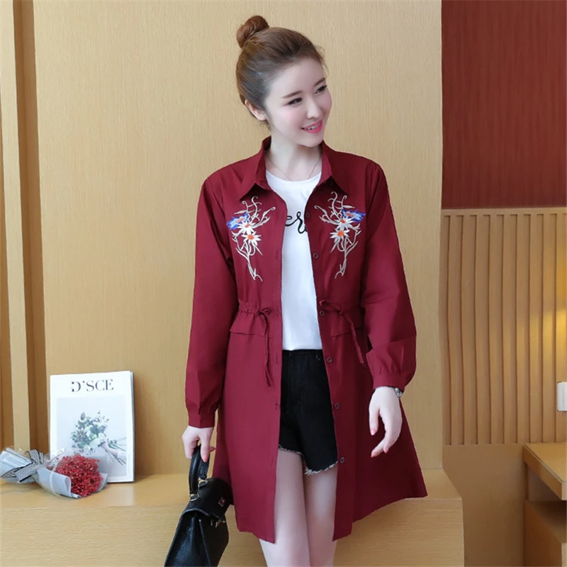 Тренч для женщин вышивка Длинная ветровка плюс размеры Свободные Винтаж цвет