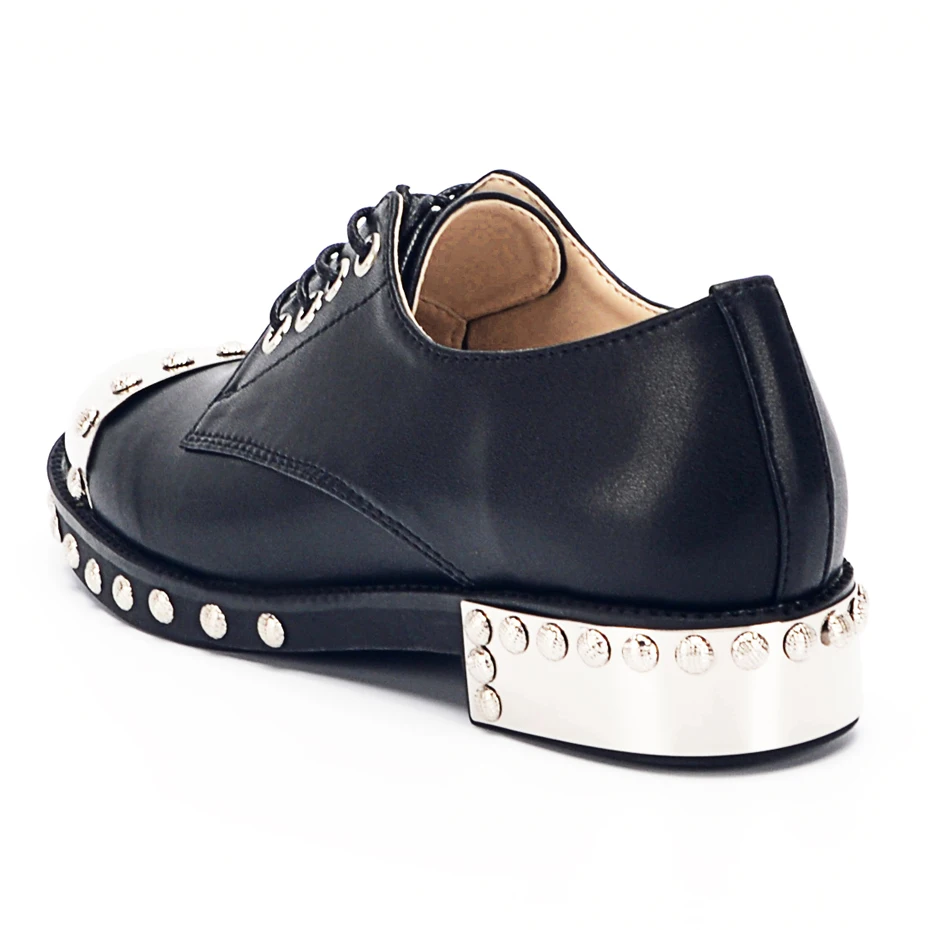 

Fashion Metal Round Toe Rivets Women Shoes Lace Up Low Thick Heel Motorcycle Color Block Genuine Leather Casual Shoes Woman