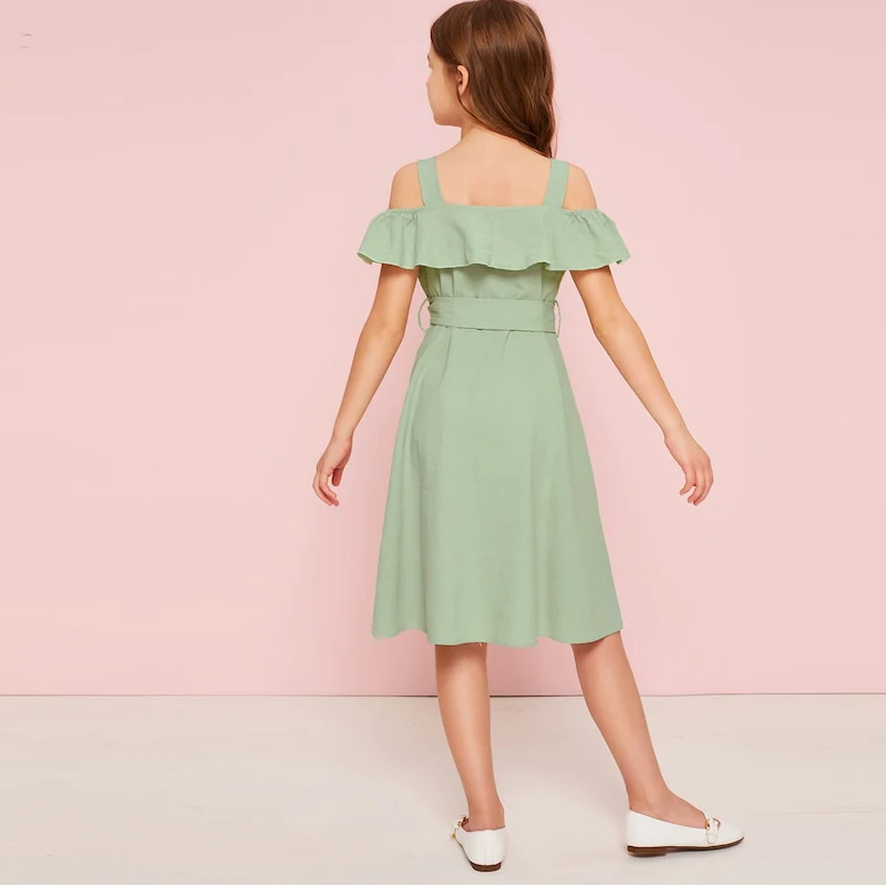 SHEIN/Детское платье-рубашка в стиле бохо с открытыми плечами и рюшами, с поясом г., милое летнее платье до колена на пуговицах спереди, с высокой талией
