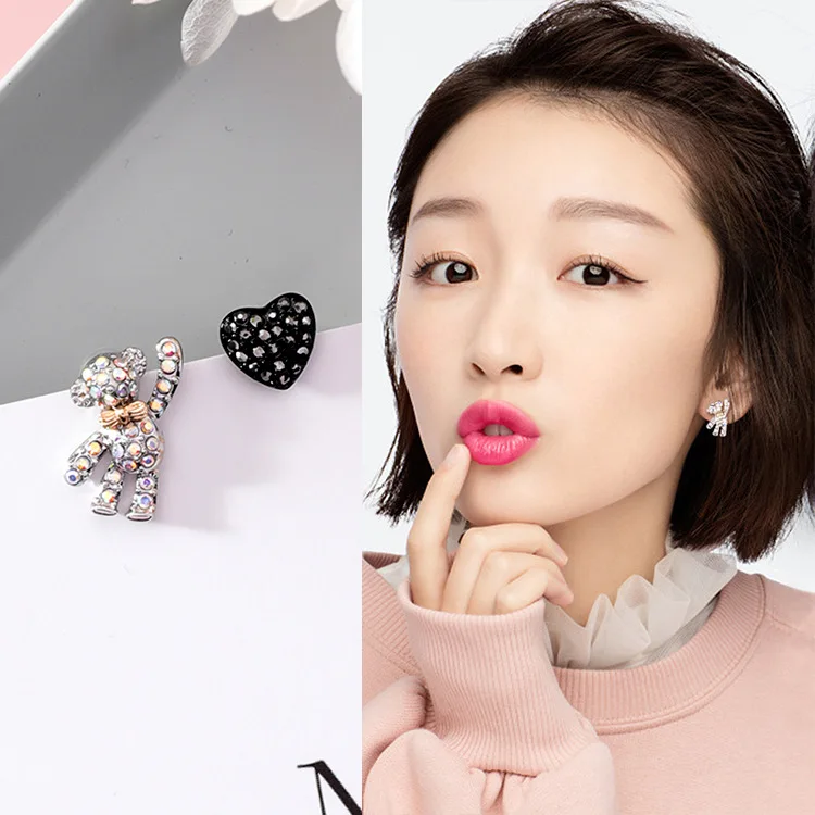 Sweet Cute Asymmetric Rhinestone Bear Love Heart S925 Sterling Silver Stud Earrings for Women Wedding Charm Jewelry Pendientes | Украшения