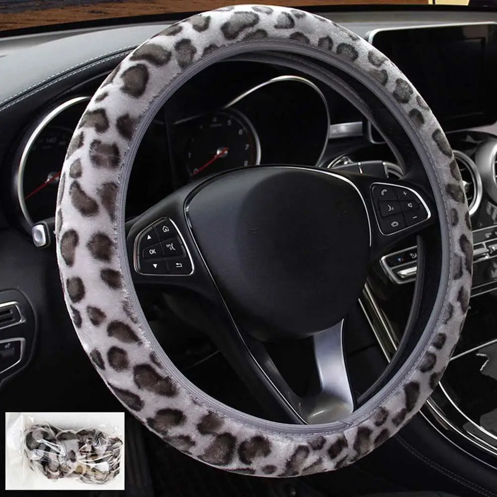 Чехол рулевого колеса автомобиля Leopard колеса крышки ручка плюшевый набор авто протектор универсальный авто в салонные аксессуары - Название цвета: Серый